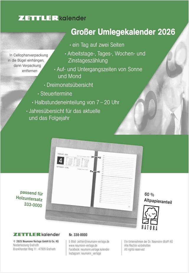 Detalle de Zettler Umlegkalender 1T/2S 2026 – Tageskalender mit Jahresübersicht, 2-fach Lochung