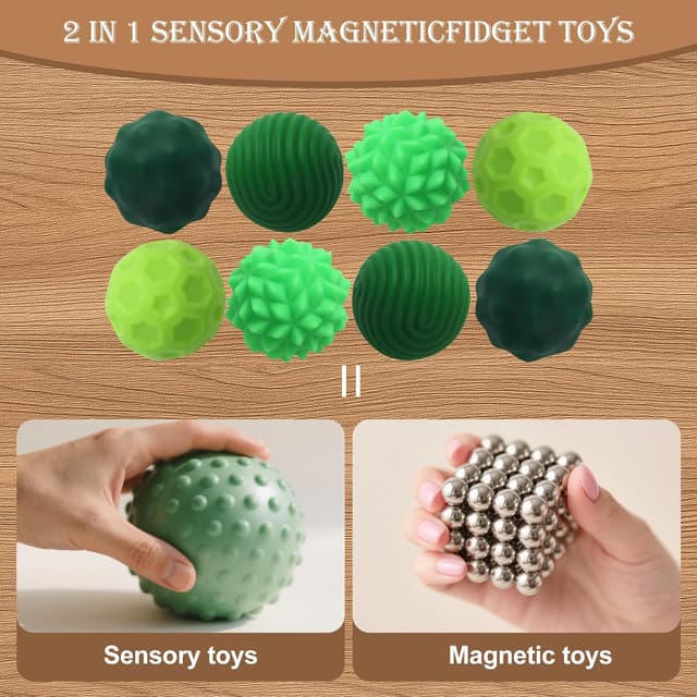 Detalle de Lot de 8 balles fidget magnétiques en silicone (texturées) : jouets anti-stress sensoriels