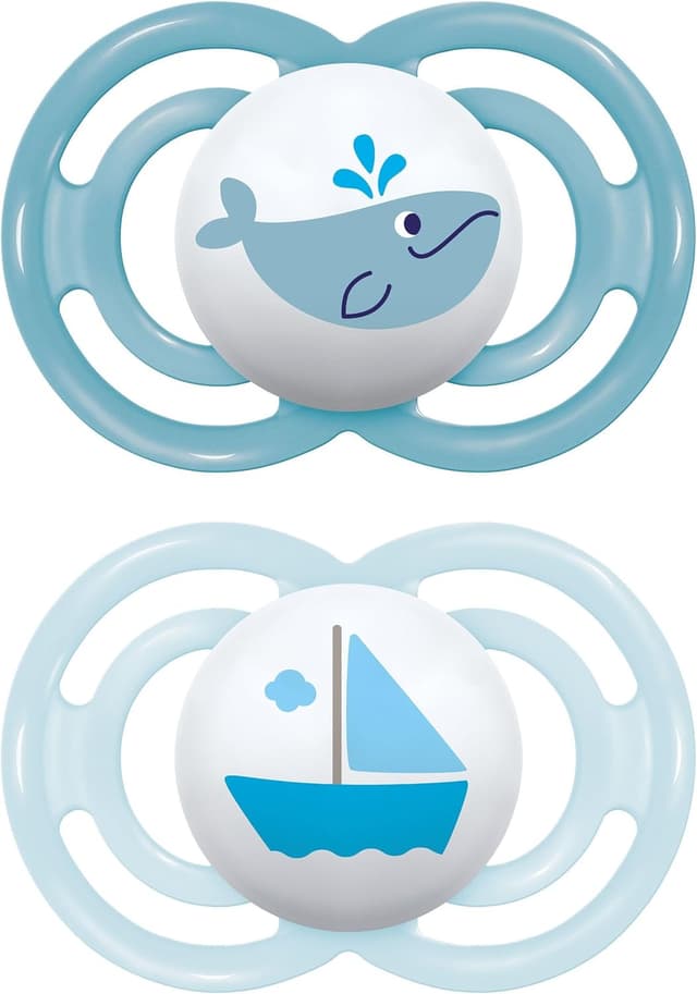 Detalle de MAM Perfect confezione doppia succhietto 16+ mesi (set da 2) in silicone SkinSoft con custodia sterilizzatrice, azzurro