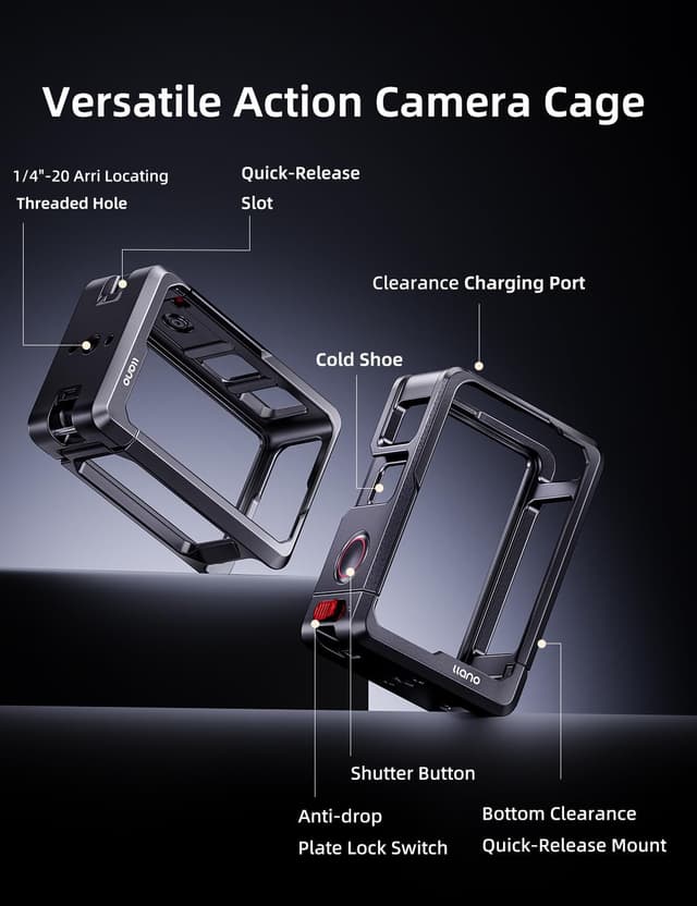 Detalle 2 de llano Action Camera Cage for DJI Osmo Action 5 Pro / 4 / 3 (CNC aluminium) — cold shoe + 1/4”-20, magnetic mount compatible, 57g