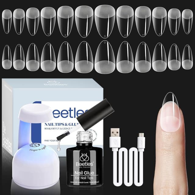 Detalle de Beetles Nail Tips Kit Almond (504 Nagelspitzen) mit Mini-UV/LED-Lampe, Klebe-Gel und Nail Glue