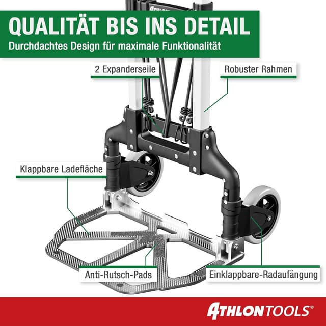 Detalle de ATHLON TOOLS Aluminium Transportkarre klappbar mit langem Teleskopgriff (110 cm) – TÜV geprüft