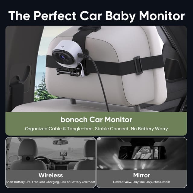 Detalle de bonoch 1440P Baby Auto-Kamera (5 Zoll, USB-C, Vollkristall, Nachtsicht, 4x Zoom) für den Rücksitz