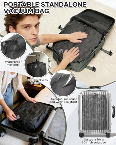 Detalle de BJLFS mochila de viaje 40x30x20 cm con compresión al vacío (cabina avión) para Ryanair, Vueling y Wizz Air