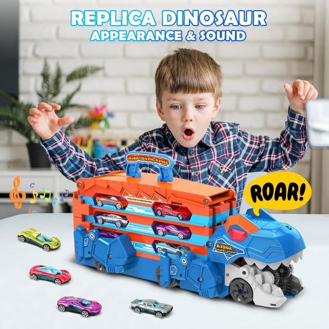 Detalle de VATOS 2-in-1 Dinosaurier-Transporttruck mit Klapp-Track und 8 Rennautos – Trägerfahrzeug-Spielset für Kinder (ca. 3–5 Jahre)