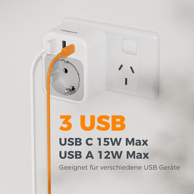 Detalle de TESSAN 2er Reiseadapter Australien/Deutschland mit USB-C (Type I) – erweiterbar auf Schuko und USB A