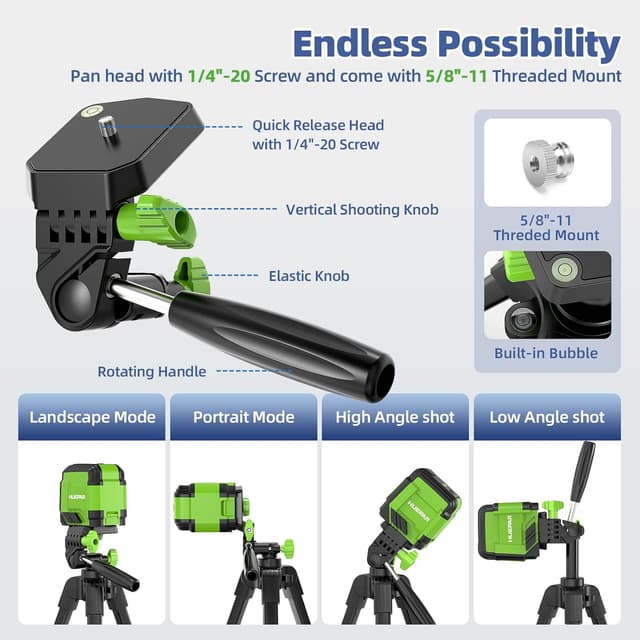 Detalle de Treppiede in alluminio per livella laser Huepar CT152 (1,5 m) con testa a 3 vie e filettatura 1/4”-20