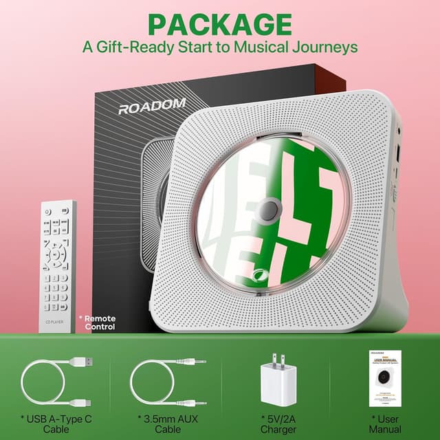 Thumbnail 6 de ROADOM 8-in-1 Portable CD Player for Home (Desktop) with Bluetooth, FM Radio, USB, AUX, Remote & Timer