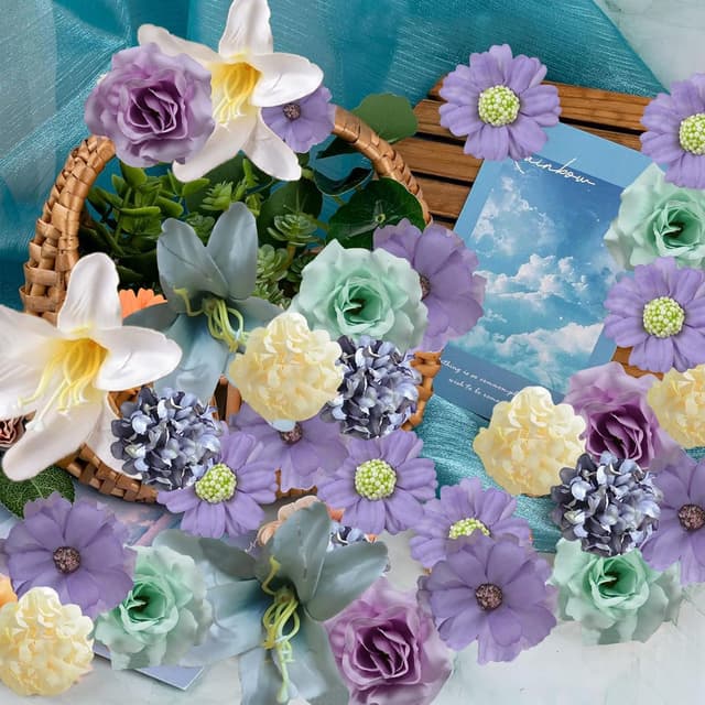 Detalle de PacuM 40 mini fleurs artificielles (têtes de fleurs en soie) rose/violet pour bouquet de mariée, déco maison et loisirs créatifs