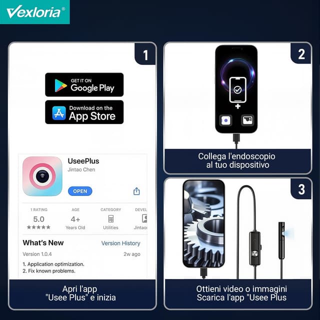 Detalle 2 de Vexloria Endoscopio per Smartphone con doppia lente 1920P HD, IP68 e 8 LED