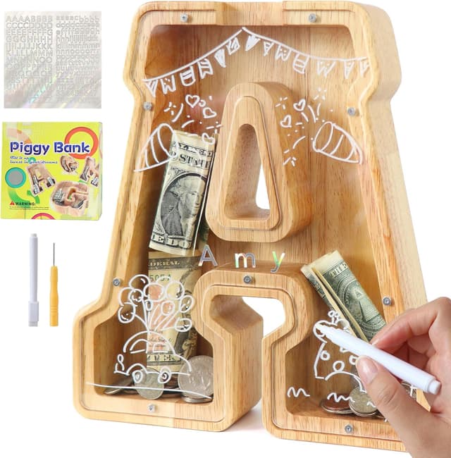 Thumbnail 6 de Lakpopya personalisierte Spardose aus Holz für Kinder (transparentes Acryl, Zielbereich, A-Z Buchstabe) – Taufgeschenk & Deko