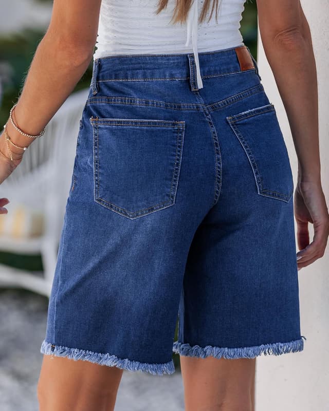 Detalle de luvamia Women’s Jean Bermuda Shorts (Mid-Rise, Raw Hem, Knee-Length, Stretch Denim)