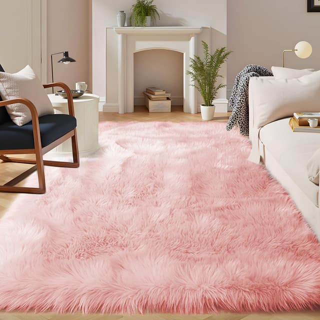 Detalle de Latepis Pink 8x10 Shaggy Faux Sheepskin Fur Area Rug