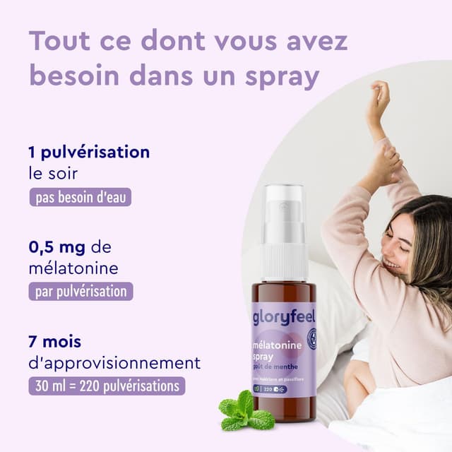 Detalle 2 de Spray Mélatonine Effet Immédiat Valériane Lavande Passiflore + vitamines B6/B1 (30 ml) – Goût menthe