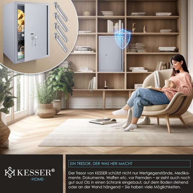 Detalle 2 de KESSER® Tresor Möbeltresor mit Doppelbartschloss – Boden- und Wandsafe 50×35×31 cm, inkl. 2 Schlüssel