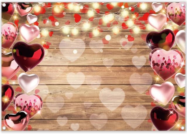 Detalle de Luminora 7x5ft Rustic Wooden Valentine’s Day Fabric Photography Backdrop with Love Heart Balloons & Glitter