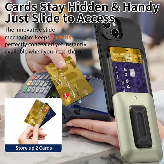 Detalle 2 de Gritup iPhone 13 Gold phone case with sliding card slot, kickstand and 2 HD screen protectors