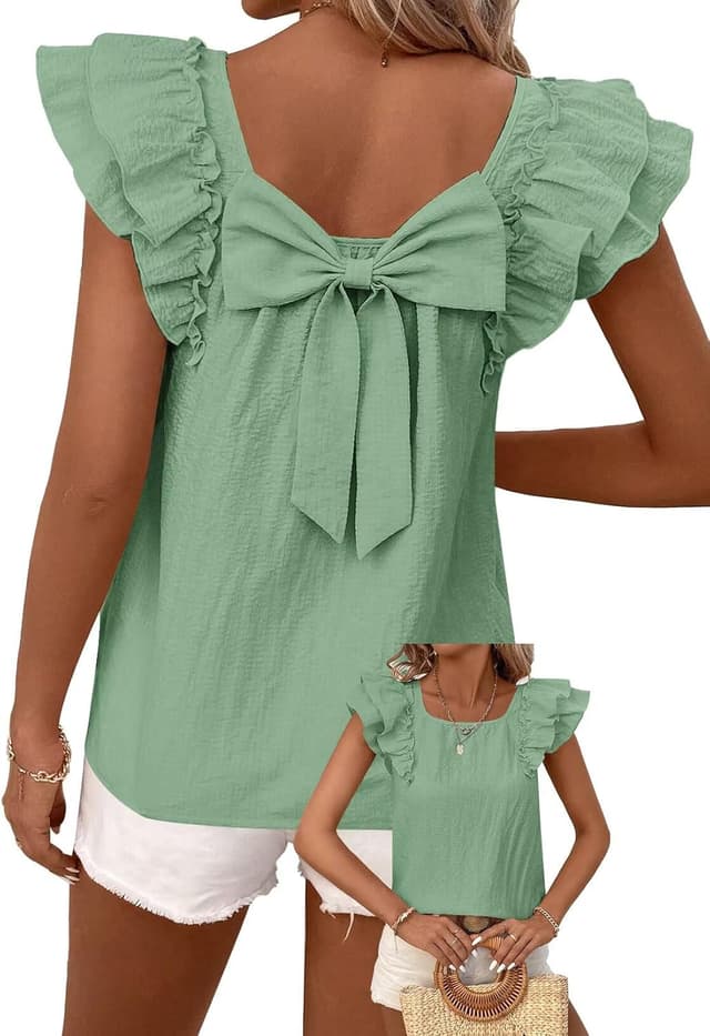 Detalle de Falechay Womens Bow Tie Back Tops Round Neck Ruffle Short Sleeve Chiffon Babydoll Tunic