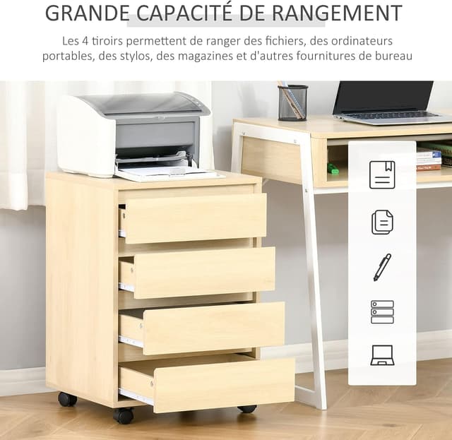 Detalle 2 de HOMCOM caisson bureau sur roulettes 4 tiroirs