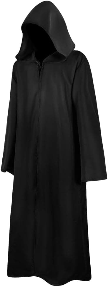 Detalle de AOOWU Jedi Black Cape – deep-hooded black cloak for adult cosplay, vampire & party costumes