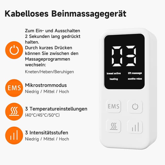 Detalle de Kabelloses Wadenmassagegerät mit EMS, Heizung & Luftkompression – wiederaufladbar, 3 Modi