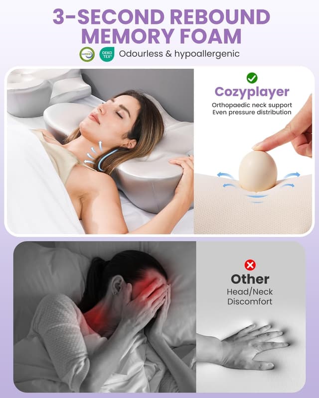 Detalle de MoonLull Memory Foam Pillow (Orthopedic, Firm Support) with Cooling Washable Cover – Anti Snore Ergonomic Design