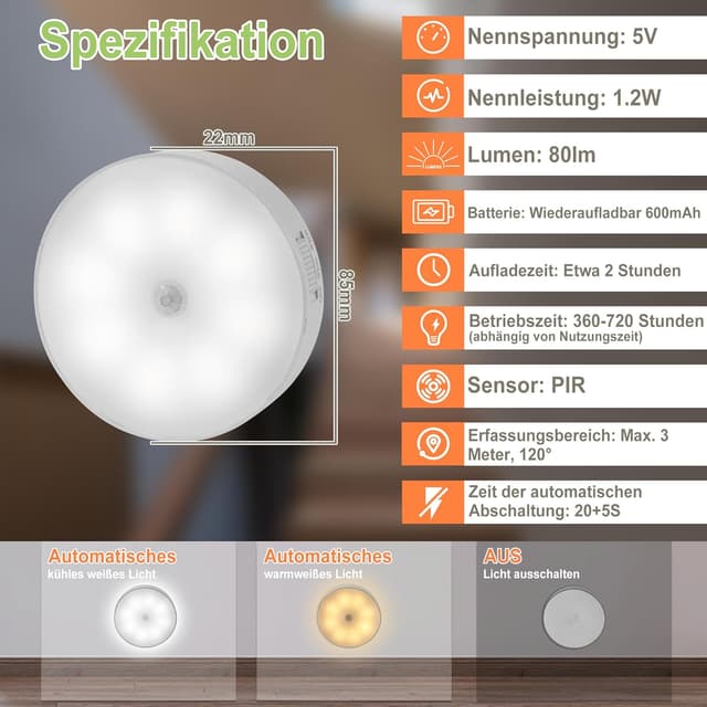 Detalle 1 de DSLebeen Nachtlicht mit Bewegungsmelder 6er Set