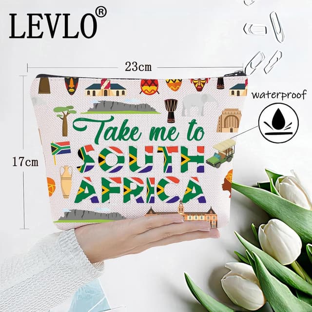 Detalle 2 de LEVLO South Africa Symbols Travel Cosmetic Bag (Cotton Canvas 23cm x 17cm) – Zip Pouch Makeup Bag
