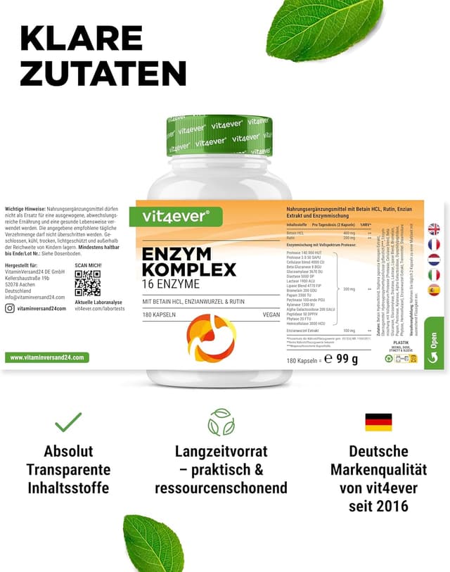 Thumbnail 4 de vit4ever Verdauungsenzyme 180 Kapseln