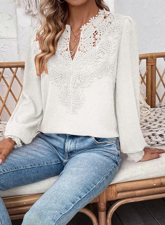 Detalle de Falechay Swiss Dot Boho V Neck Top