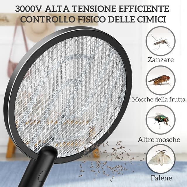 Detalle de PALONE Racchetta Zanzare Elettrica 4000V ricaricabile USB con luce LED UV 365 nm, doppia funzione, tripla maglia di sicurezza