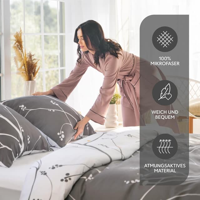 Detalle 2 de Dreamzie Bettwäsche-Set 135x200 cm (4-teilig) mit Zweige-Muster Grau, 2 Kissenbezügen 80x80 cm aus 100% Mikrofaser