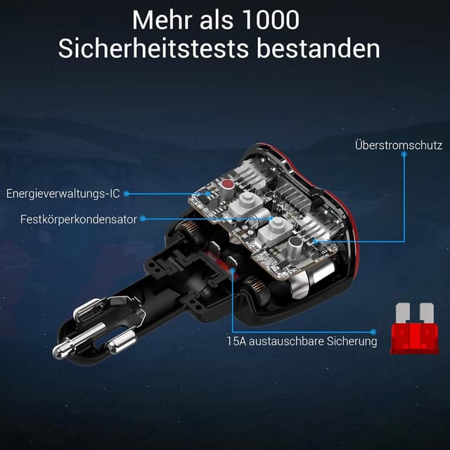 Detalle de PD3.0 Zigarettenanzünder-Verteiler 150W – 12V Kfz-Adapter mit 3× USB, Schalter & Mehrfach-Steckdose