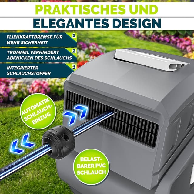 Detalle de tillvex Schlauchtrommel mit Wandhalterung, 180° schwenkbar, Handbrause & 30 m Schlauch (Grau)