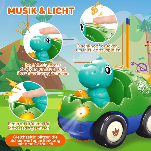 Detalle 2 de Pup Go Dinosaurier RC Cartoon Auto für Kleinkinder (ab 18 Monaten) mit Musik, Lichtern & 2 austauschbaren Figuren