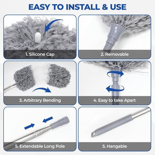Detalle 2 de Feather Duster 7-piece extendable, bendable, washable cobweb brush kit (up to 100 inches) – Grey