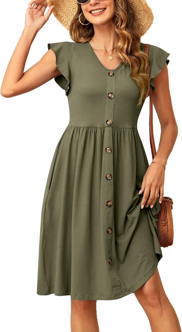 Detalle de Robe d’été midi SENBATU pour femme à col en V, manches à volants et poches (S-2XL, 34-52)