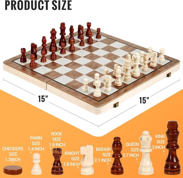 Detalle de Havnidy Jeu d’échecs et dames 2 en 1 : échiquier en bois magnétique pliable (38 cm)