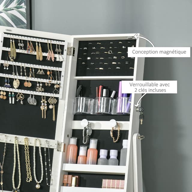 Detalle de HOMCOM armoire à bijoux LED sur pied avec miroir et écran tactile blanc