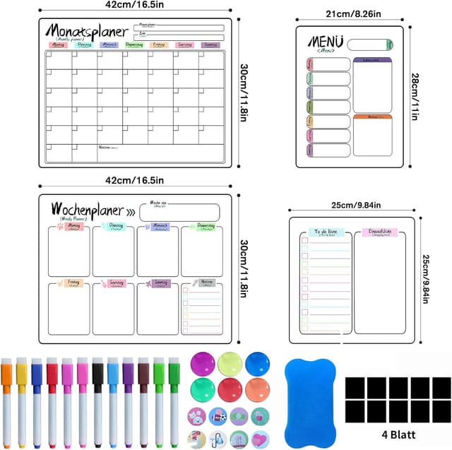 Detalle de Prelisee 4er Set Magnetischer Whiteboard-Wochenplaner (bilingual DE/EN) für Kühlschrank, 42×30 cm