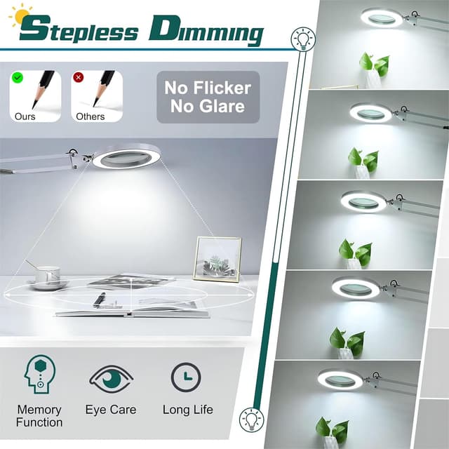 Detalle 2 de Lampada con lente di ingrandimento Kevsuvqin 10x con luce e morsetto, braccio orientabile, 3 modalità colore