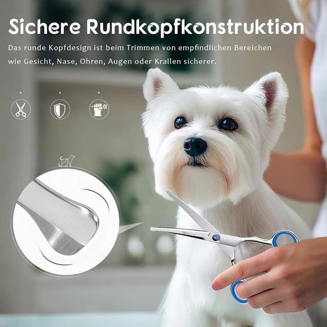 Detalle 2 de Professional stainless steel one-piece dog grooming scissors with safety round tip (4CR) – titanium coated grooming shears, pink