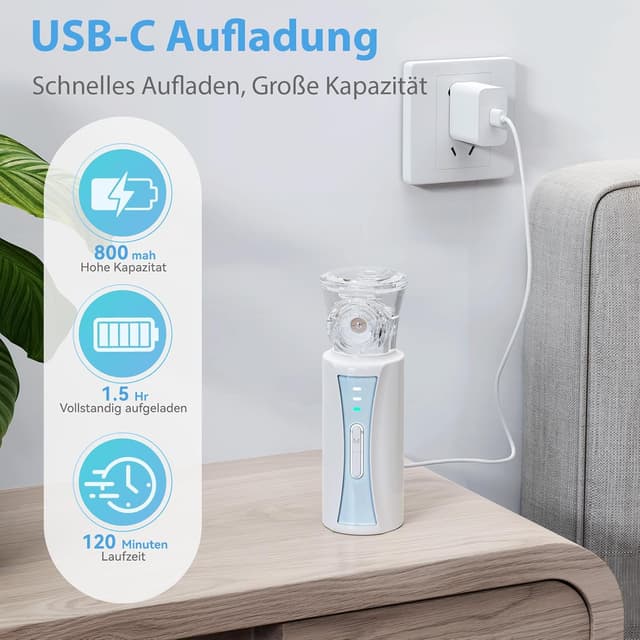 Detalle 2 de Tragbares Inhalationsgerät NIKYPJ (blau) mit 2 Geschwindigkeitsmodi, USB‑Aufladung und 3 Teilen für Erwachsene & Kinder