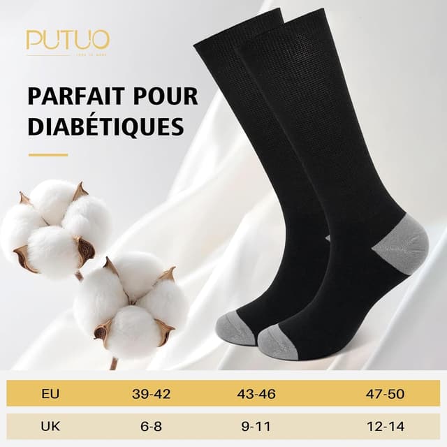Thumbnail 6 de PUTUO chaussettes diabétiques extra larges sans couture (lot de 6) pour pieds gonflés