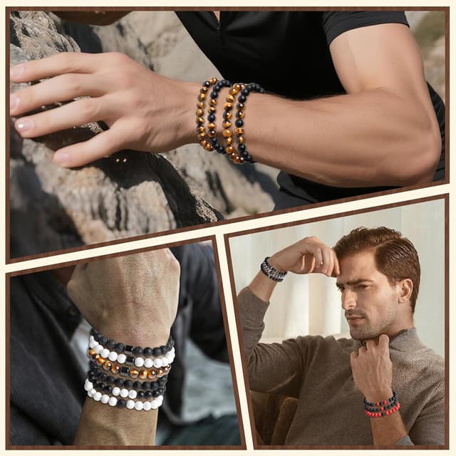 Detalle de XIANNVXI 3–4er Set Perlenarmbänder für Herren (8 mm) aus Naturstein, elastisch verstellbar
