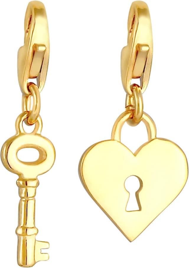 Detalle de Nenalina Schlüssel & Schloss Charm Anhänger aus 925 Sterling Silber vergoldet für Damen (Herz-Schloss, mit Karabiner)