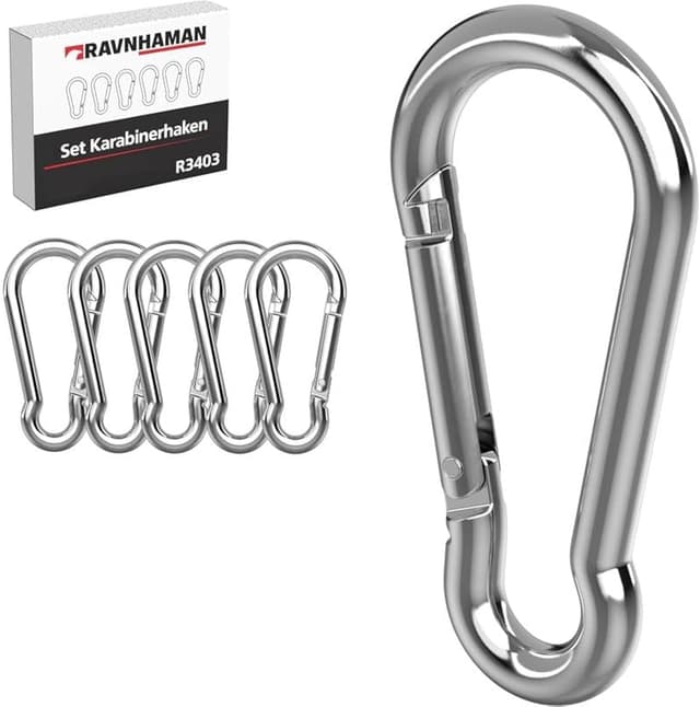 Detalle de RAVN HAMAN 6er Set Karabiner-Haken 8 x 80 mm mit Schnappverschluss (bis 230 kg) aus verzinktem Stahl