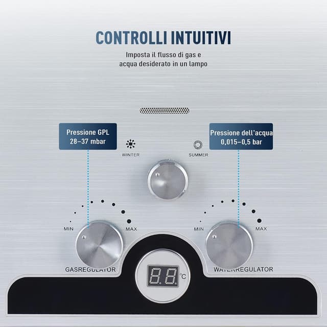 Detalle 2 de CO-Z Scaldabagno a gas GPL 10L da 17 kW a parete senza serbatoio con modalità Inverno/Estate e display LED