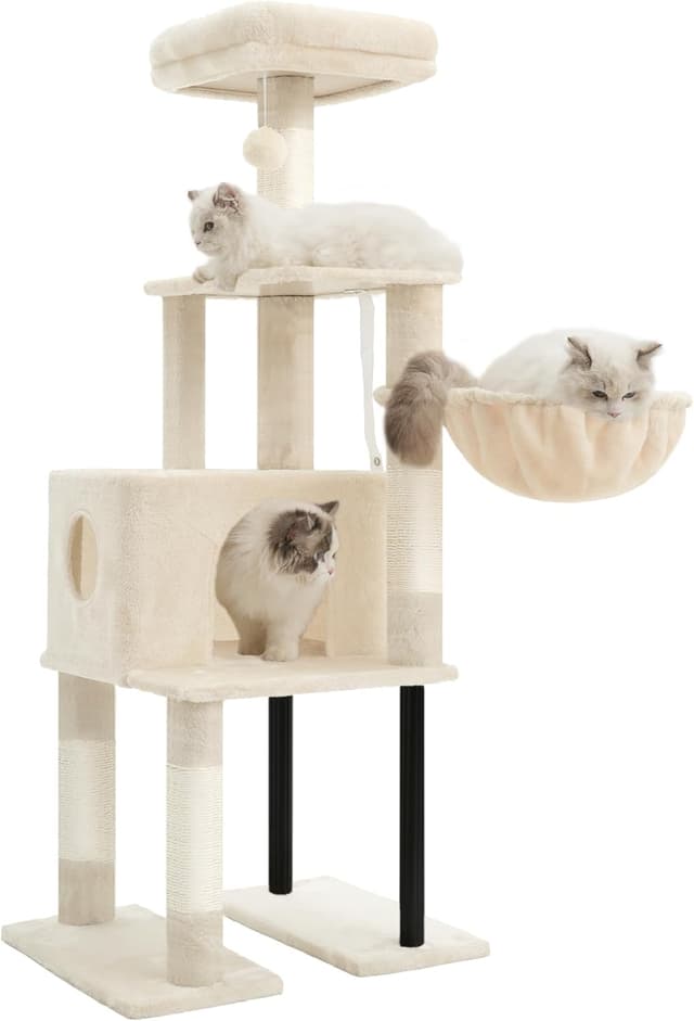 Detalle 2 de Heybly Arbre à chat HCT200SM beige – 125 cm avec niche, plateformes et griffoir en sisal