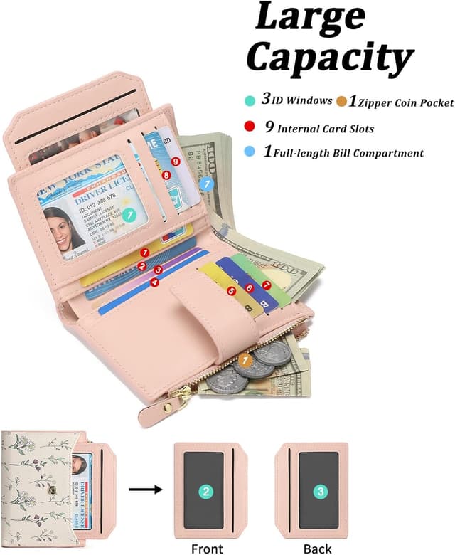 Detalle 2 de GAEKEAO RFID-Blocking Floral Bifold Wallet for Women with Zip Pocket & ID Window (Vegan Leather)